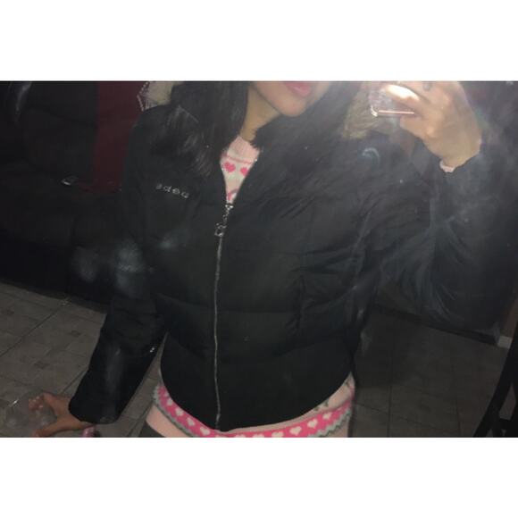 Y2K Bebe size medium black cropped puffer jacket missing fur Rhinestone logo - Picture 3 of 15